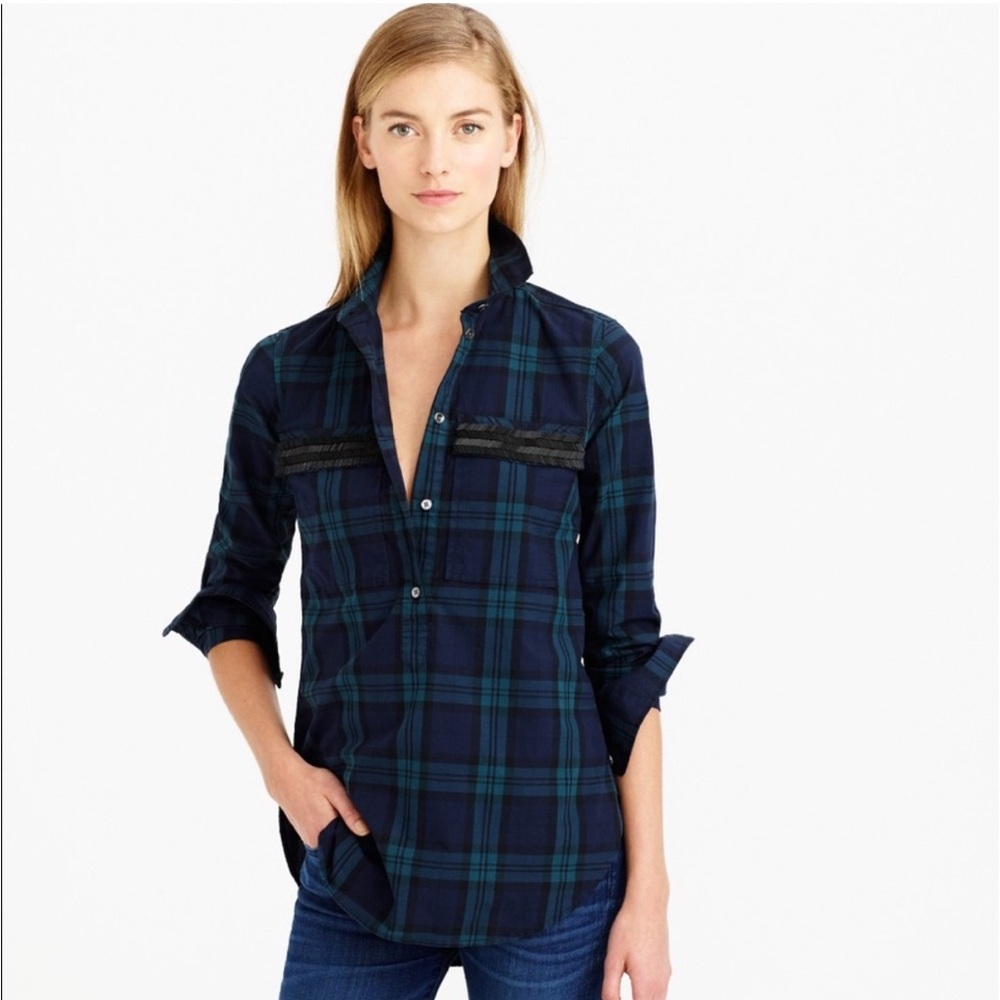 J.Crew Women’s Black Watch Plaid Beaded Chevron Popover Button-Down Shirt Size 6